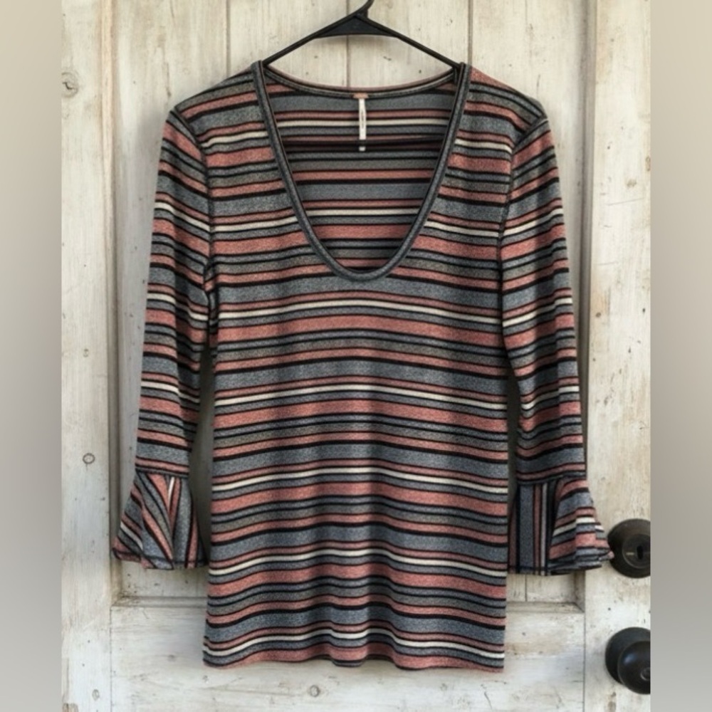 Free People Surprise Party Glitter Stripe Metallic Top Flutter Sleeve Size Large